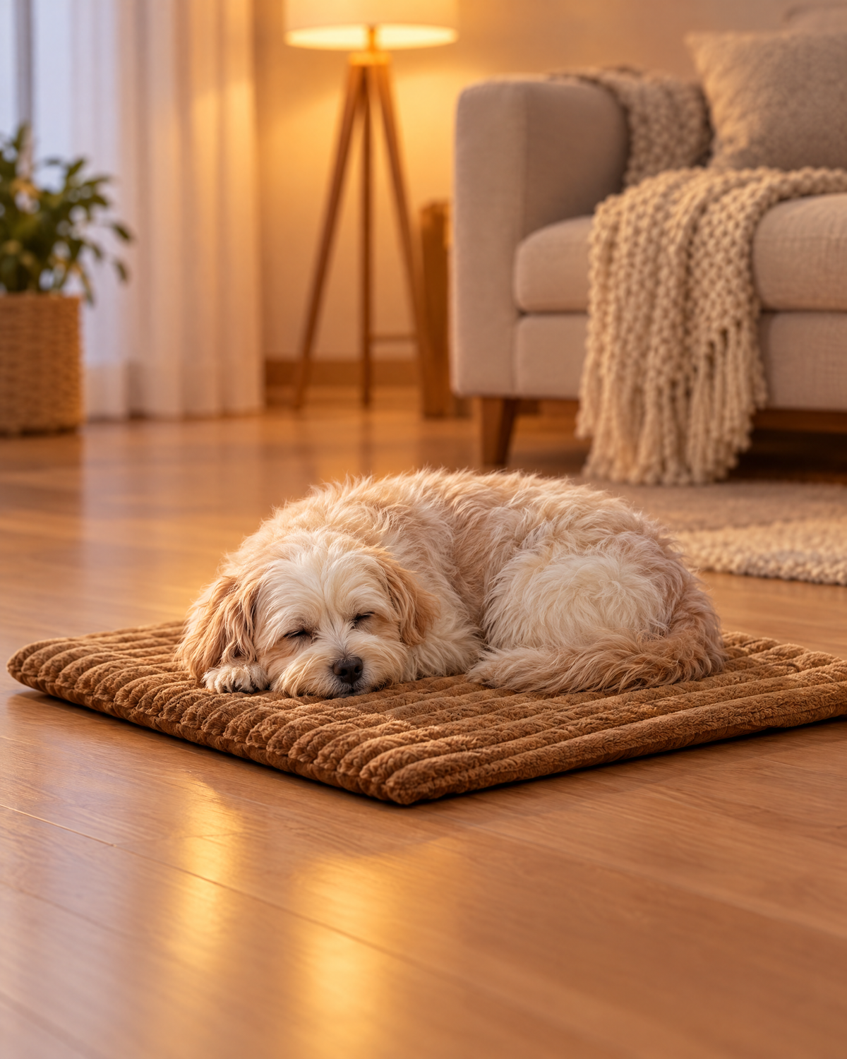 Kleine hond rust op de WarmPaw mat in de woonkamer