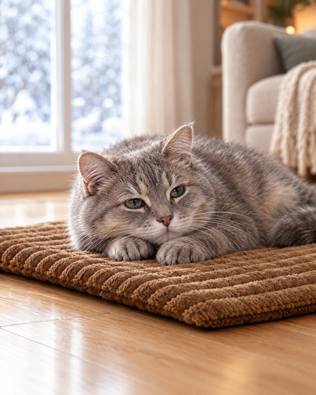 Oudere grijze kat ligt ontspannen op de WarmPaw mat