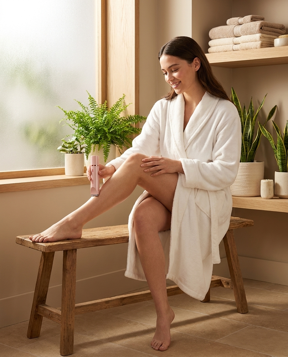 Lifestyle - ladyshaver gebruiken in badjas